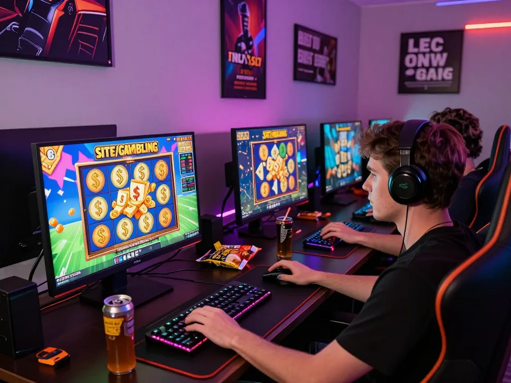 Pengguna terlibat dalam permainan situs slot di pengaturan permainan yang stylish dengan beberapa layar dan animasi yang hidup.