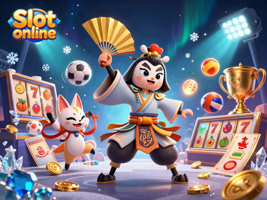 Engage with Slot online featuring a kabuki warrior and kitsune mask in a vibrant casino scene.