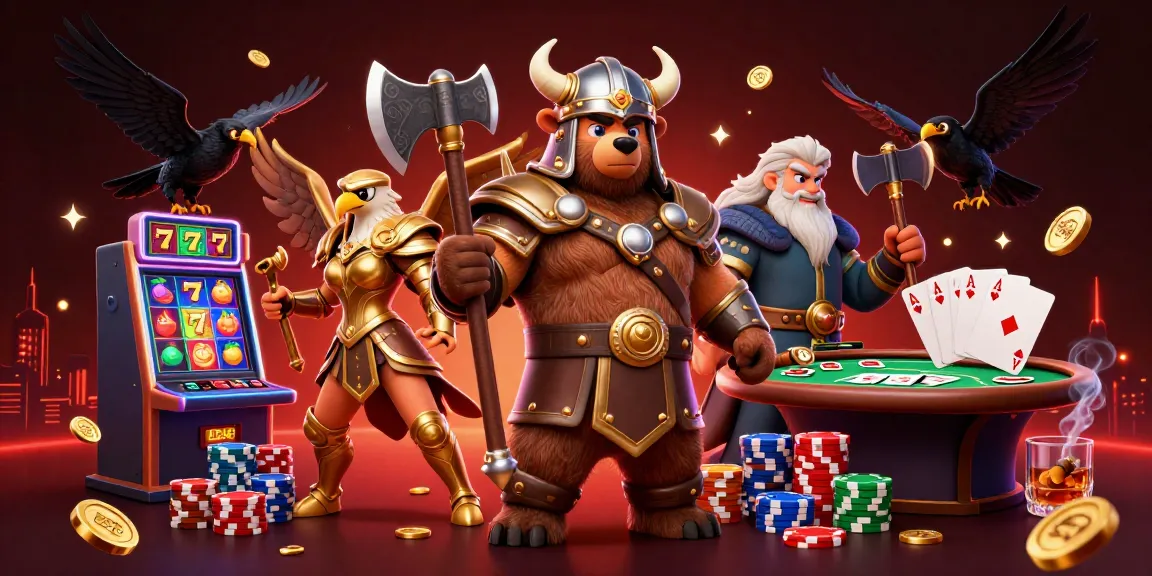 Menangkan permainan dewa slot yang menggembirakan dengan ilustrasi Viking dan elemen kasino yang berwarna-warni.