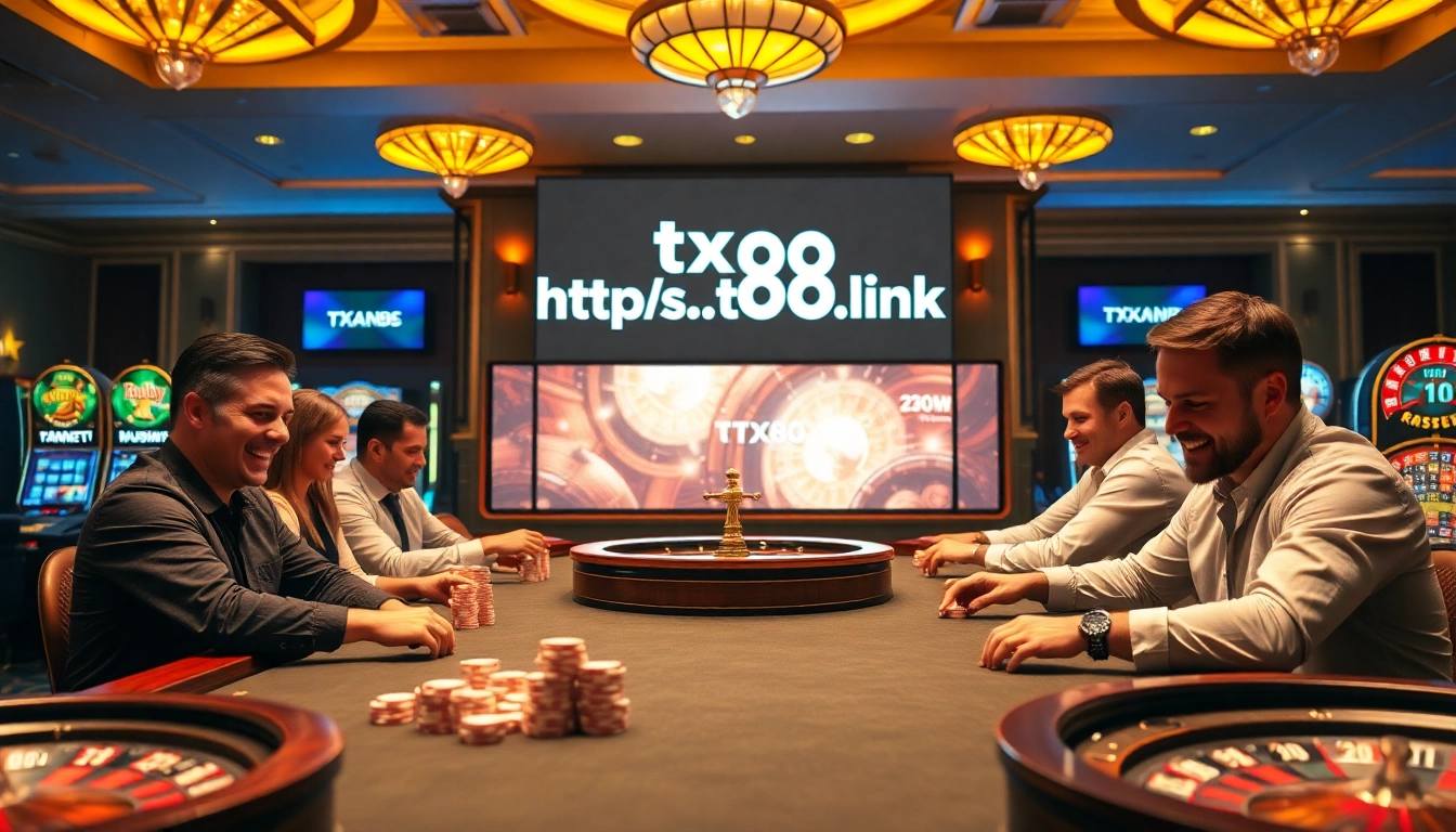 Gambling scene at a luxurious casino featuring gaming tables with https://tx88.link/ visible in the background.