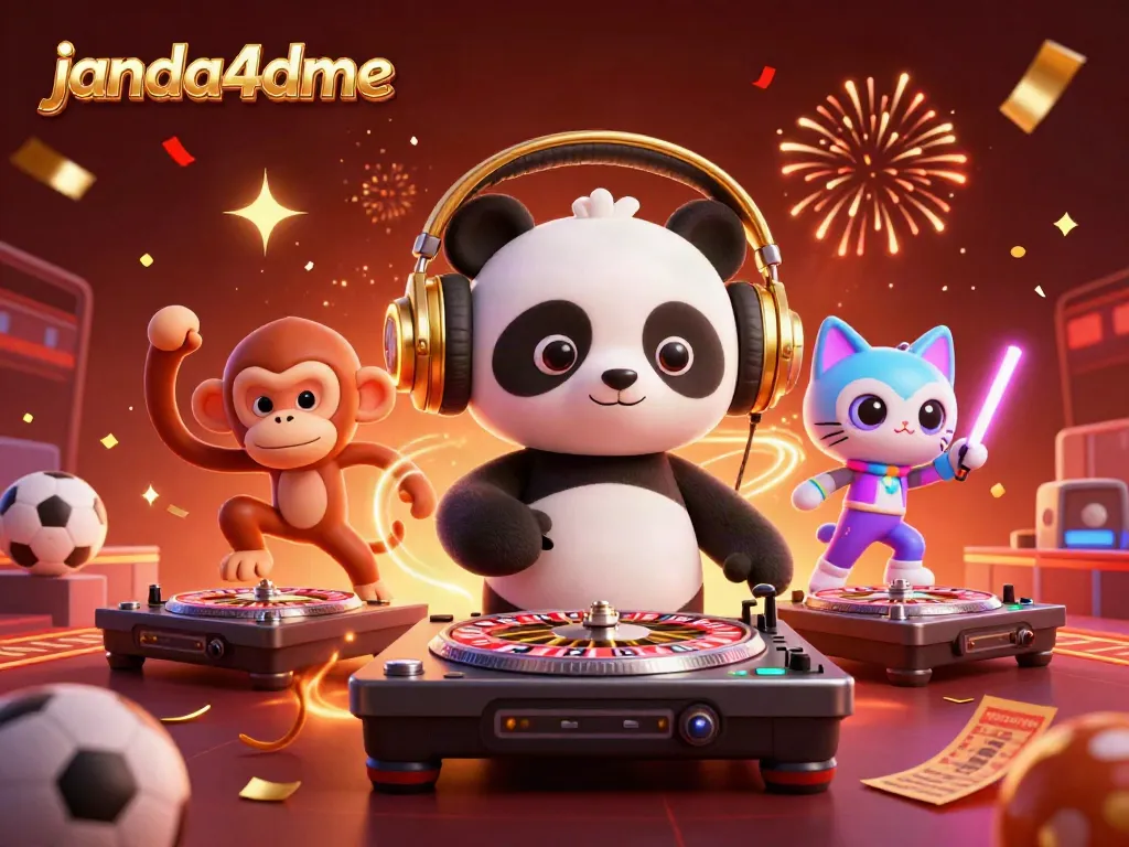Menggoda pengalaman taruhan dengan janda4dme, DJ panda, dan kucing berpesta dalam gambar penuh warna.