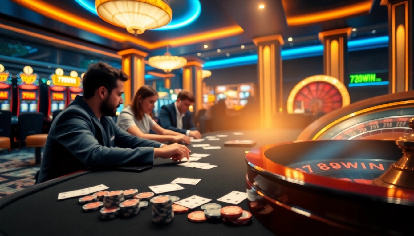 A thrilling scene at https://789win.apartments/ showcasing poker and roulette games with vibrant lights.