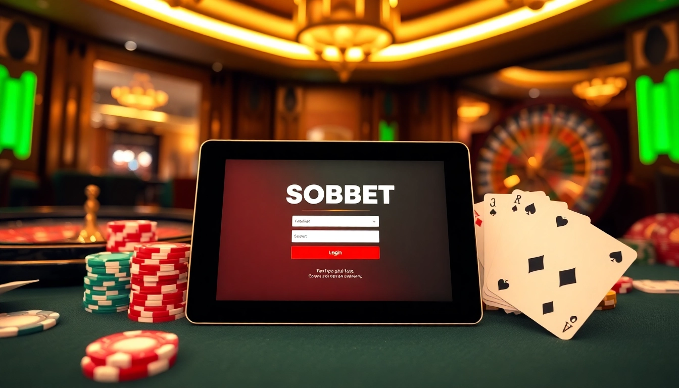 Engaging sbobet login screen beside poker chips and cards in a luxurious casino.