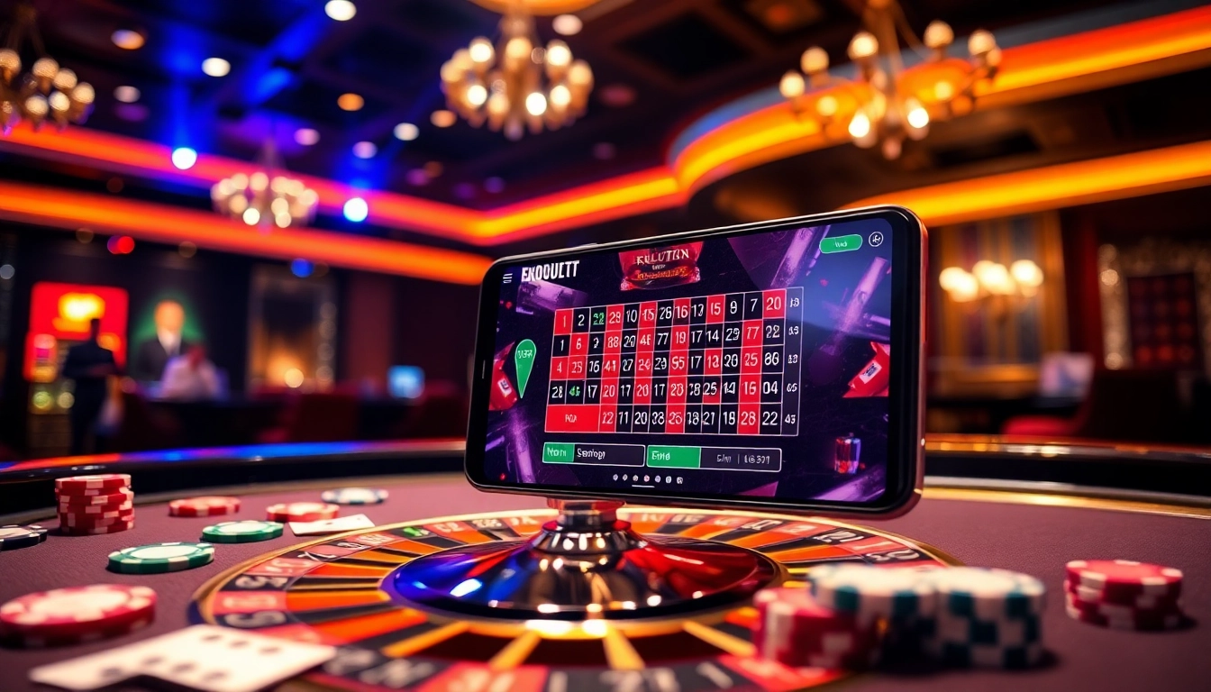 Playรูเล็ต Evolution เล่นผ่านมือถือ on a smartphone surrounded by vibrant casino elements.