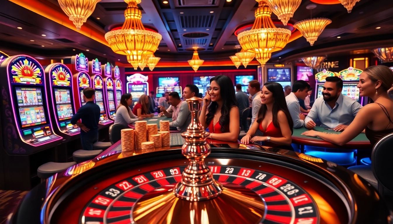 KTPJITU alternatif showcases players engaging with vibrant slot machines and a spinning roulette wheel in a lively casino atmosphere.