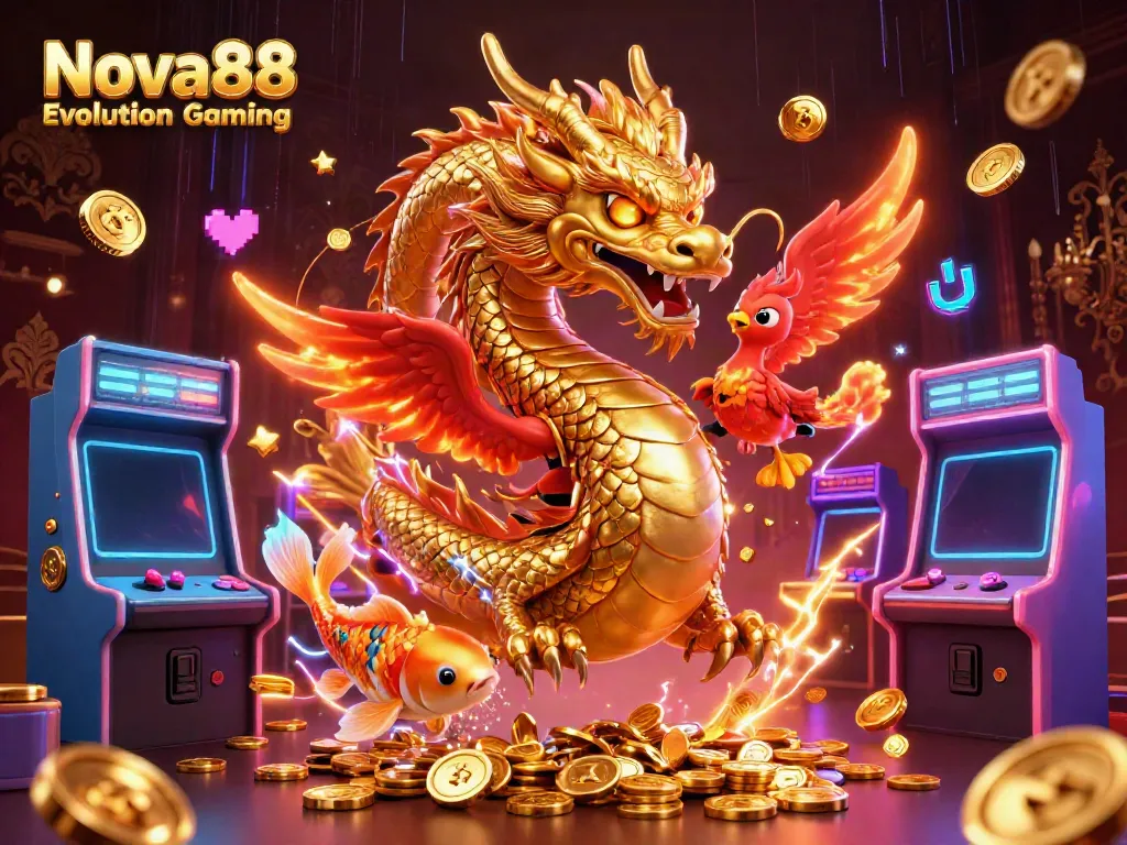 Experience the excitement of Nova88 Evolution Gaming with a colorful casino scene featuring a powerful dragon.