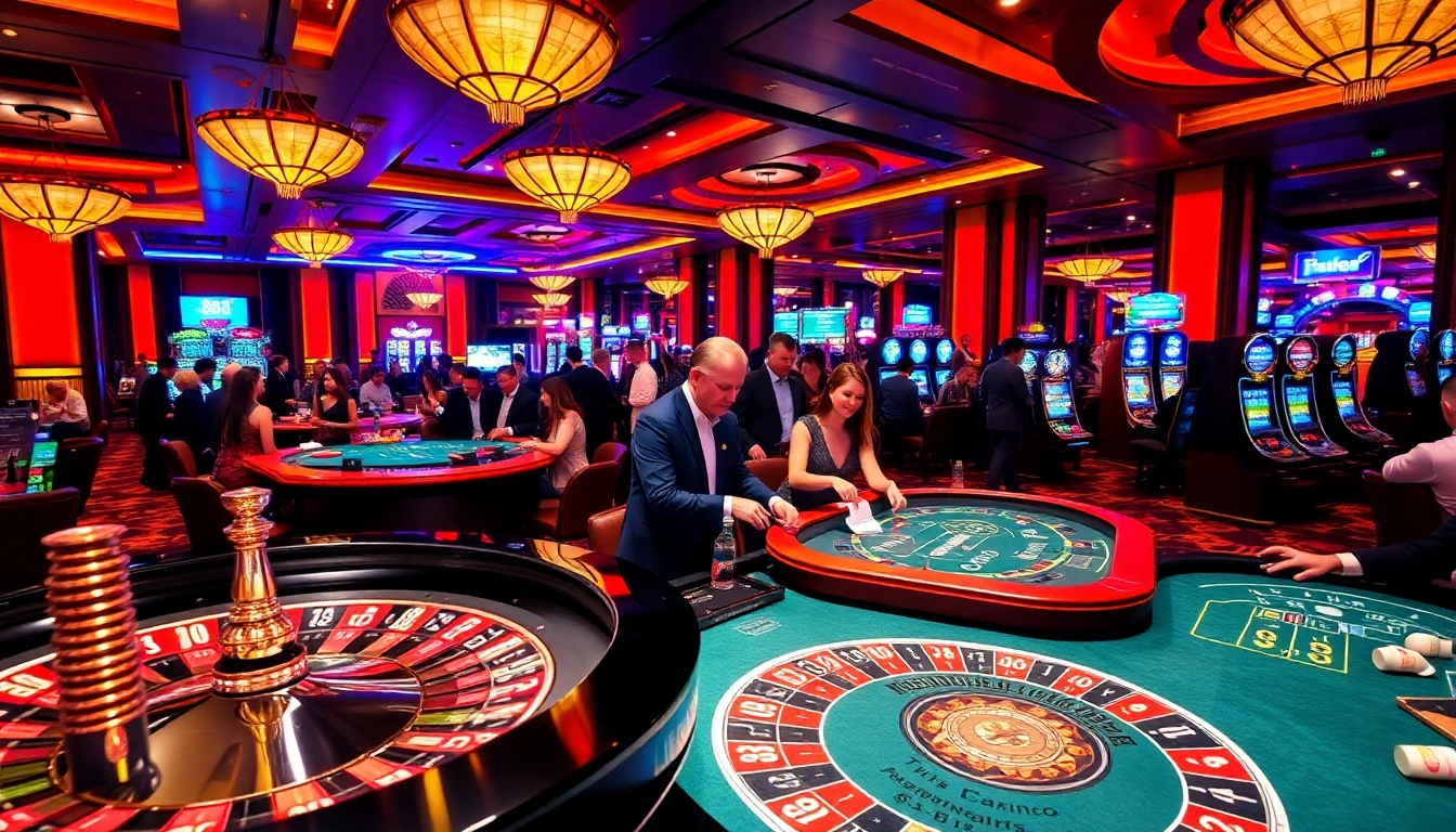 Excited gamblers enjoying games at 88i casino, featuring vibrant roulette and poker tables.