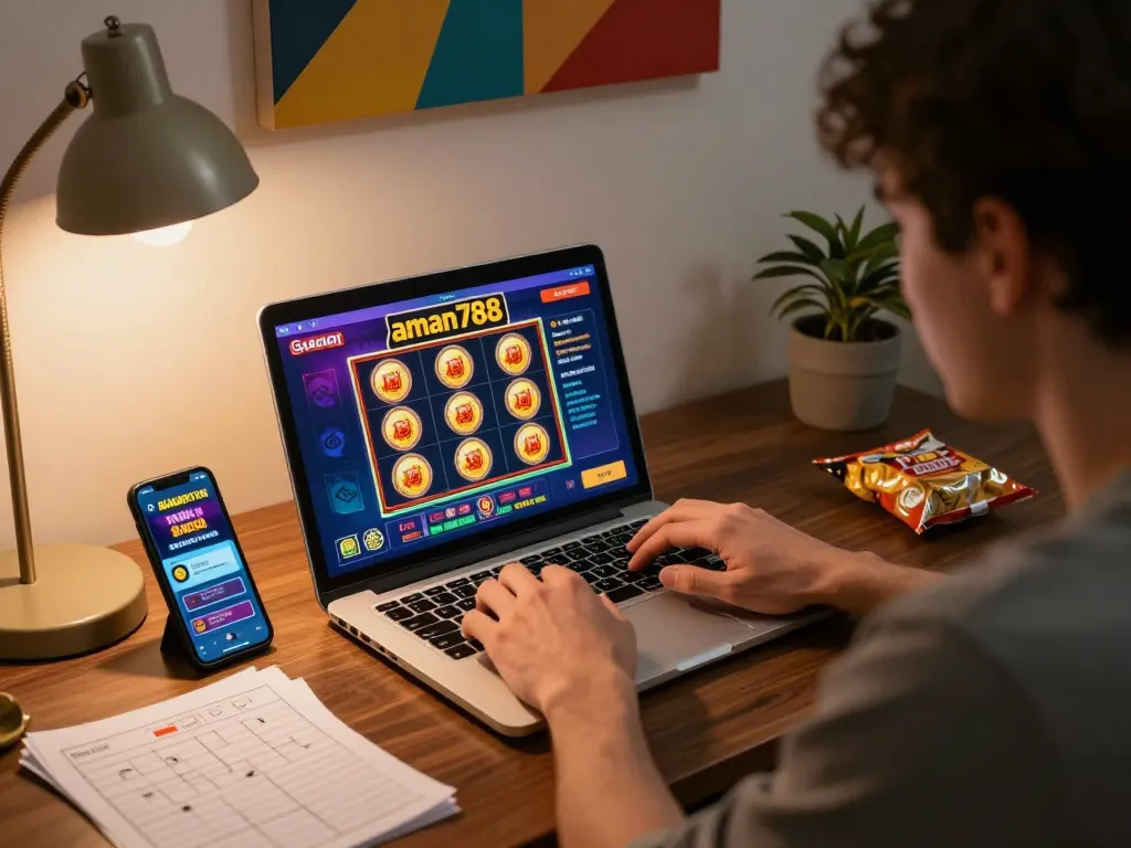 A player engaging with aman788 slot gacor on a laptop in a cozy home setup, highlighting online gaming strategy.