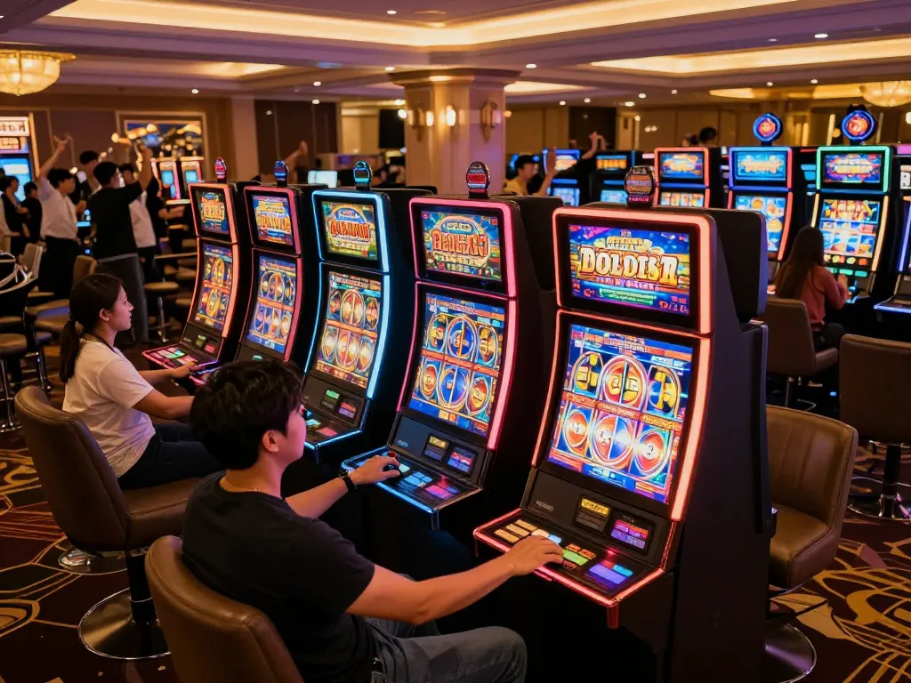 Players enjoy vibrant slot machines at sg777 casino, showcasing excitement and luxury.