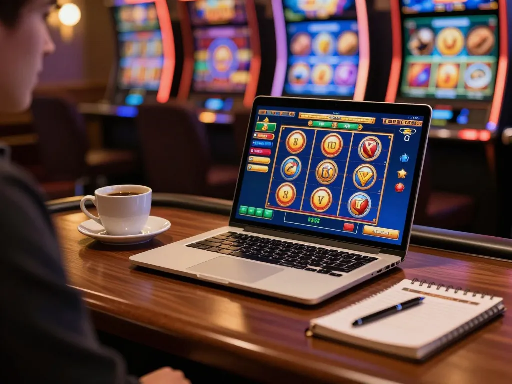 Alev player enjoying a thrilling slot game experience on a laptop with strategic notes nearby.