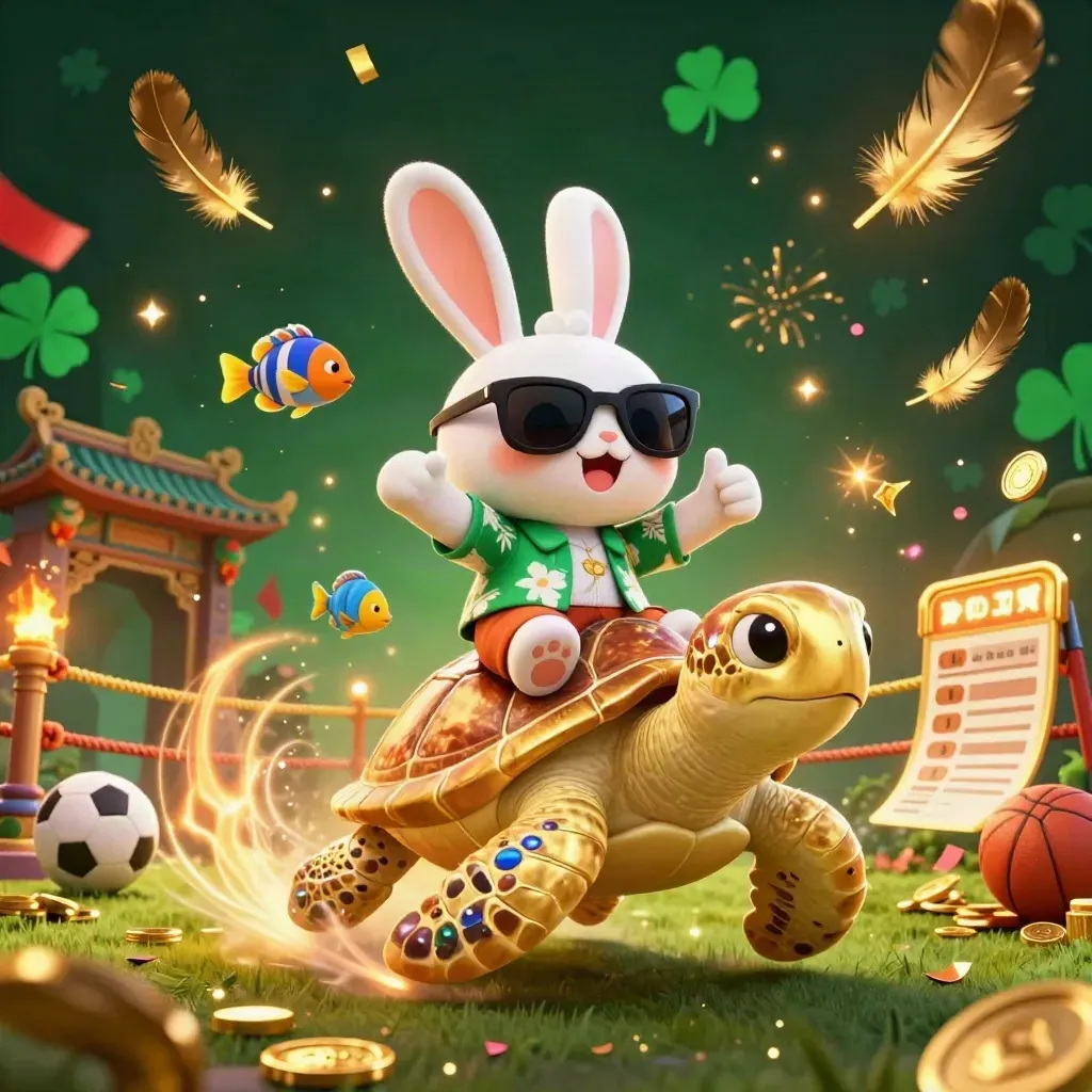 Cartoon lucky rabbit rides a golden turtle amid coins, fish, fireworks, and casino fantasy