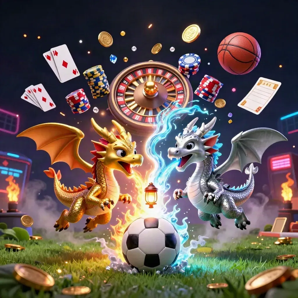 Gold and silver dragons swirl around a soccer ball with poker chips, cards, coins, and neon casino glow.