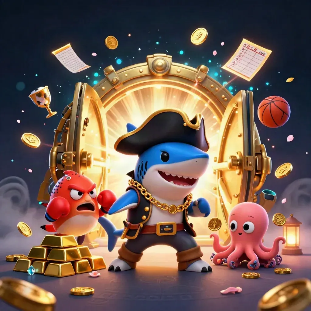 Pirate shark, pufferfish, and octopus burst from a glowing gold vault amid treasure and casino glow.