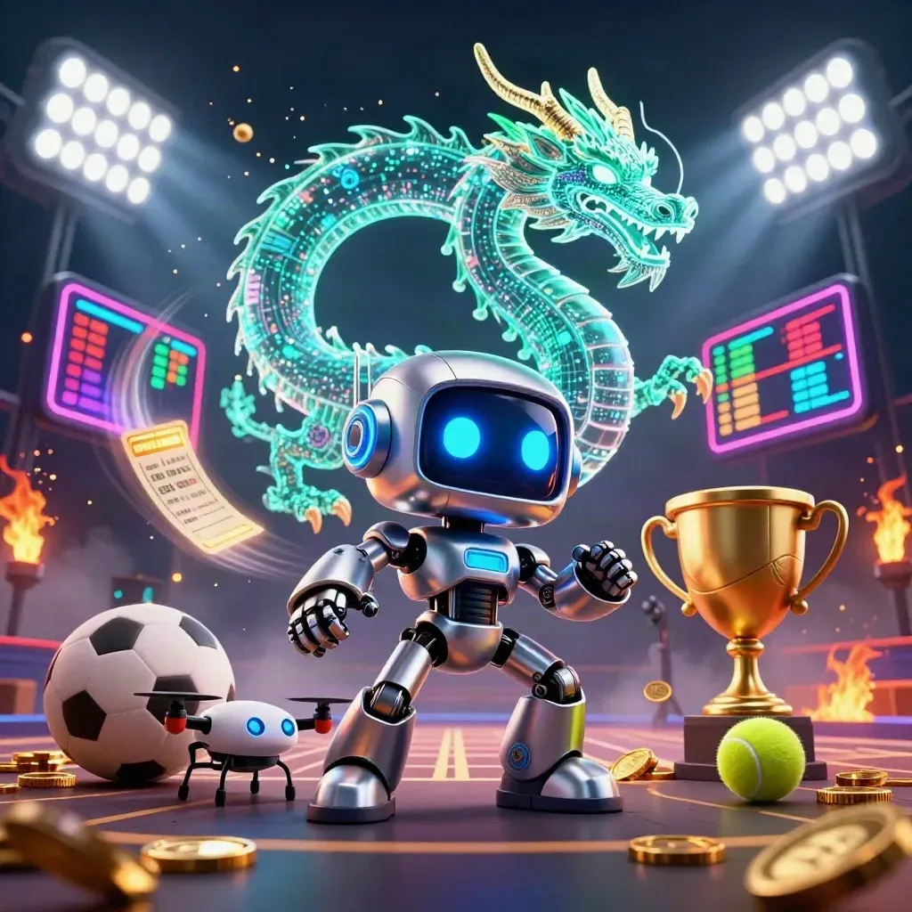 Chrome robot, holographic dragon, and coin drone amid flying balls, coins, and stadium lights.