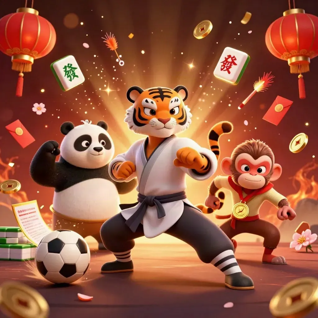Tiger, panda and monkey in a ground-level burst with balls, coins, lanterns and gold spray.