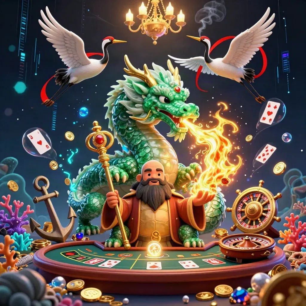 Jade dragon, turtle sage and cranes in a neon treasure cove with casino glamour.