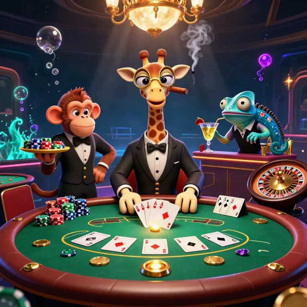 Giraffe, monkey valet, and chameleon bartender in a neon luxury casino scene.