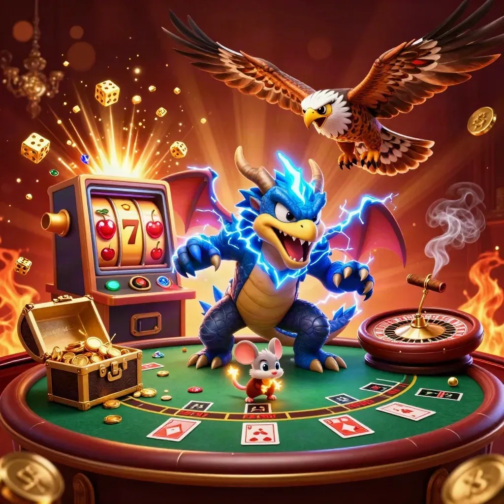 Thunder dragon, wind hawk, and mouse amid a glowing slot machine and casino treasures.