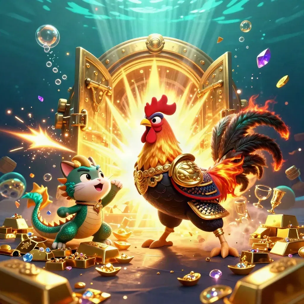 Rooster warrior, spark-breathing dragon hatchling, and fortune-cat amid a treasure vault blast.
