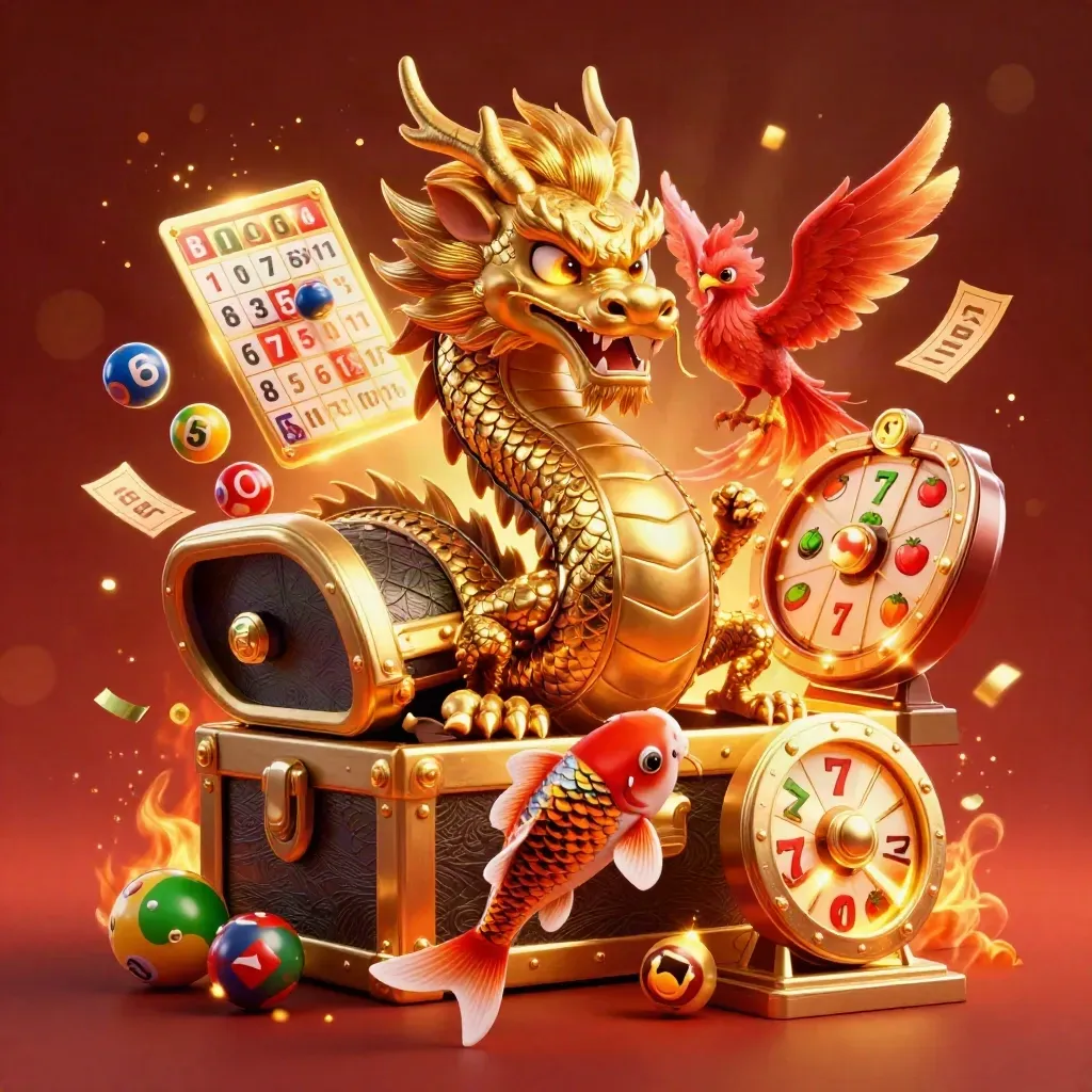 Golden dragon, phoenix and koi amid jackpot poker props on a fiery casino glow.
