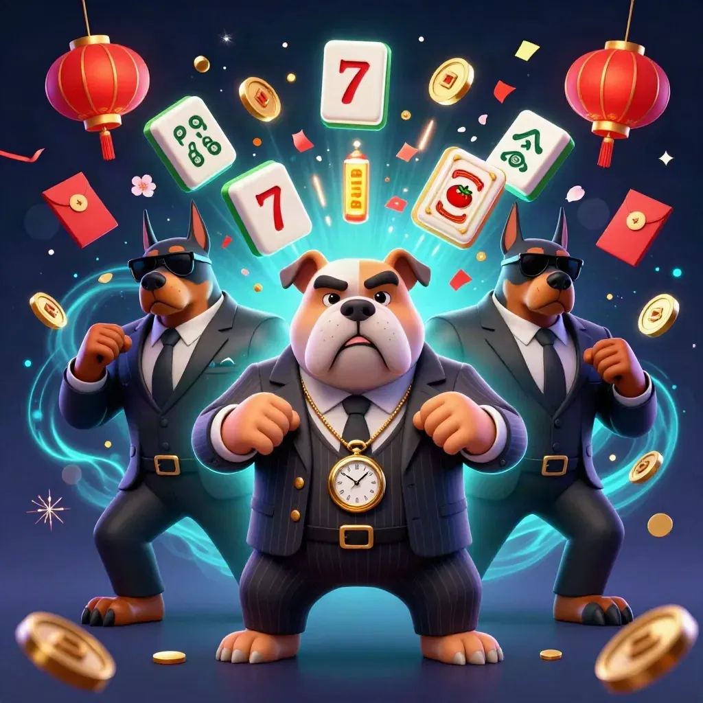 Bulldog boss with two Dobermans amid jackpot poker loot, fireworks, coins, and lanterns