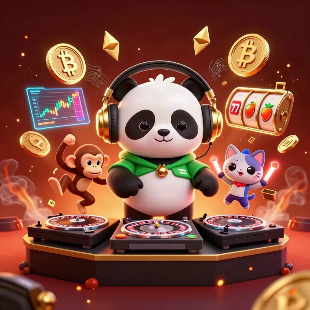 DJ panda, dancing monkey, and glow-kitten amid poker jackpots, coins, lightning, and ember glow.