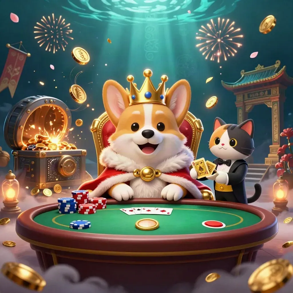 Royal corgi on poker-chip throne with cat butler, coins, fireworks, and jackpot casino glow