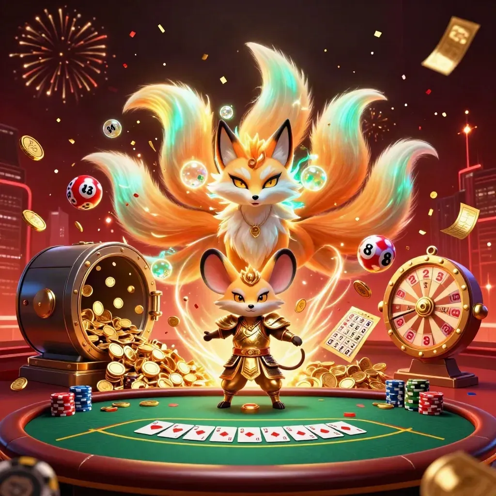 Neon fox spirit and samurai mouse amid poker chips, gold coins, fireworks, and jackpot glow.