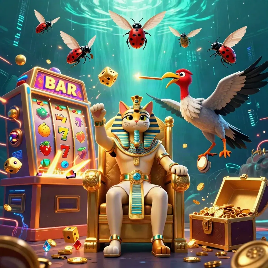 Pharaoh cat, ibis scribe, and scarabs amid exploding slot reels, gold, and electric casino glow.