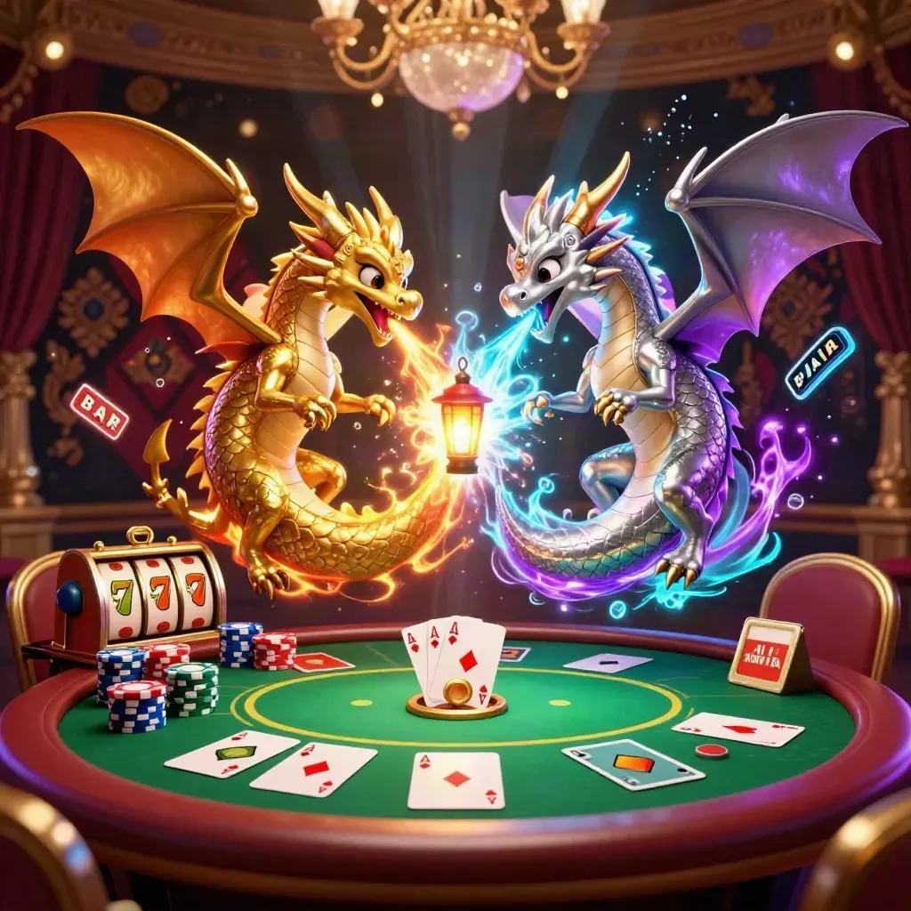 Two intertwined dragons with poker chips, aces, reels, and jackpot glow on a dark casino backdrop.