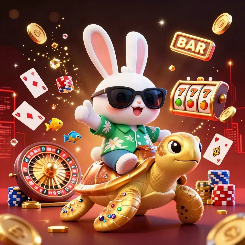 Lucky rabbit riding a gem-shell golden sea turtle amid casino chips, coins, reels and cards
