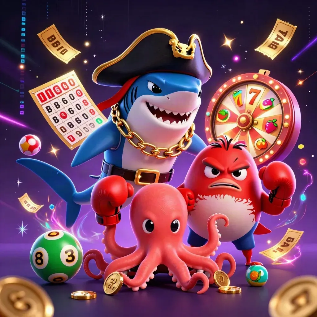 Pirate shark, angry pufferfish, and juggling octopus amid casino jackpots and glowing reels