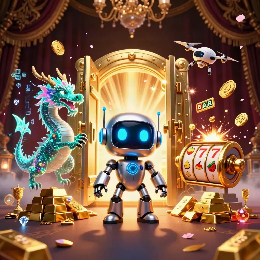 Cyberpunk robot, holographic dragon and coin drone bursting from a gold vault in casino glow