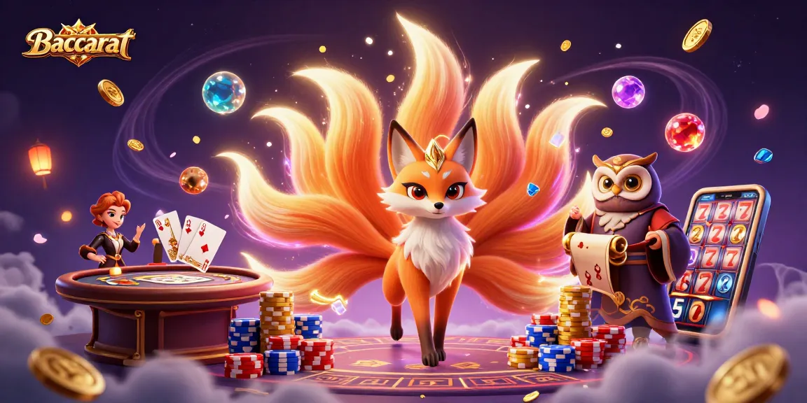 Baccarat game illustration featuring glowing nine-tailed fox spirit, wise owl, and casino elements in vibrant colors.
