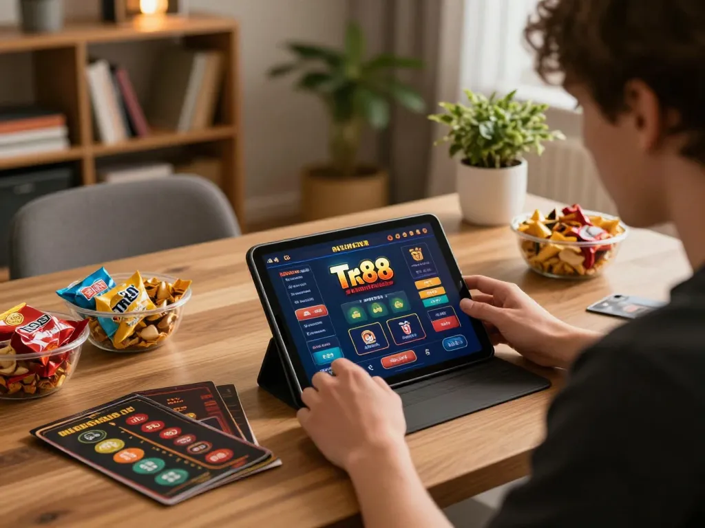 Engaging user immersed in Tr88 online casino gameplay with strategic betting notes.