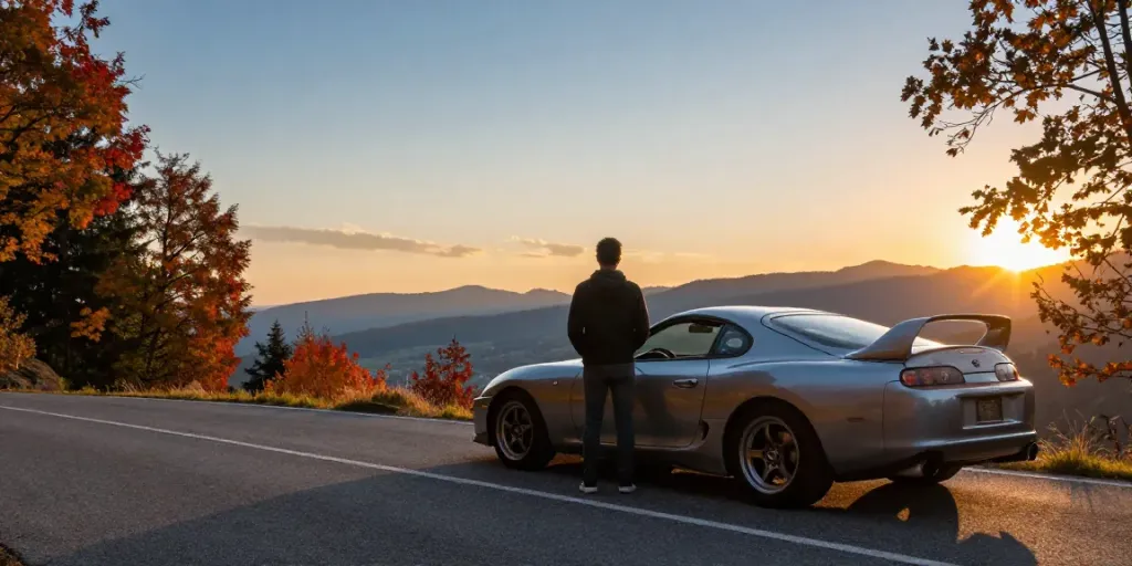 The A80 platform Toyota Supra A80 parked by a sunset mountain view, showcasing its sleek design and adventure spirit.