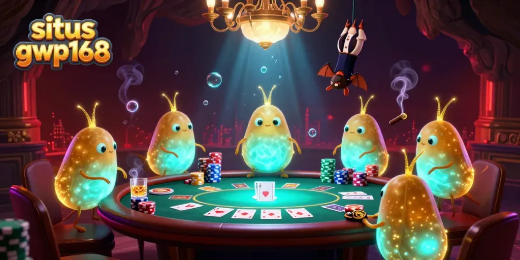 Menghadirkan suasana casino dengan situs gwp168 di tengah cahayanya, kolaborasi karakter unik dan elemen permainan.