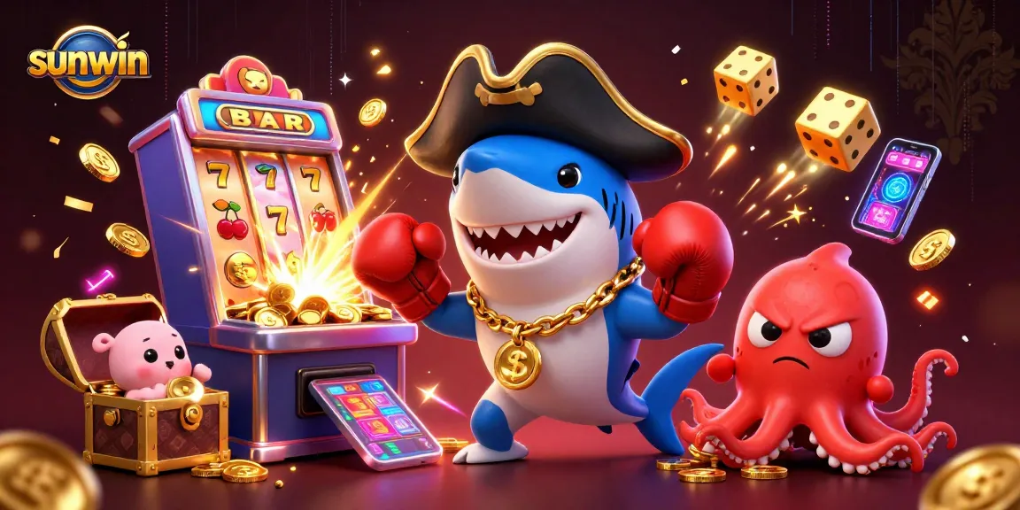 Join the excitement at sunwin with a cartoon pirate shark and friends winning in a vibrant casino