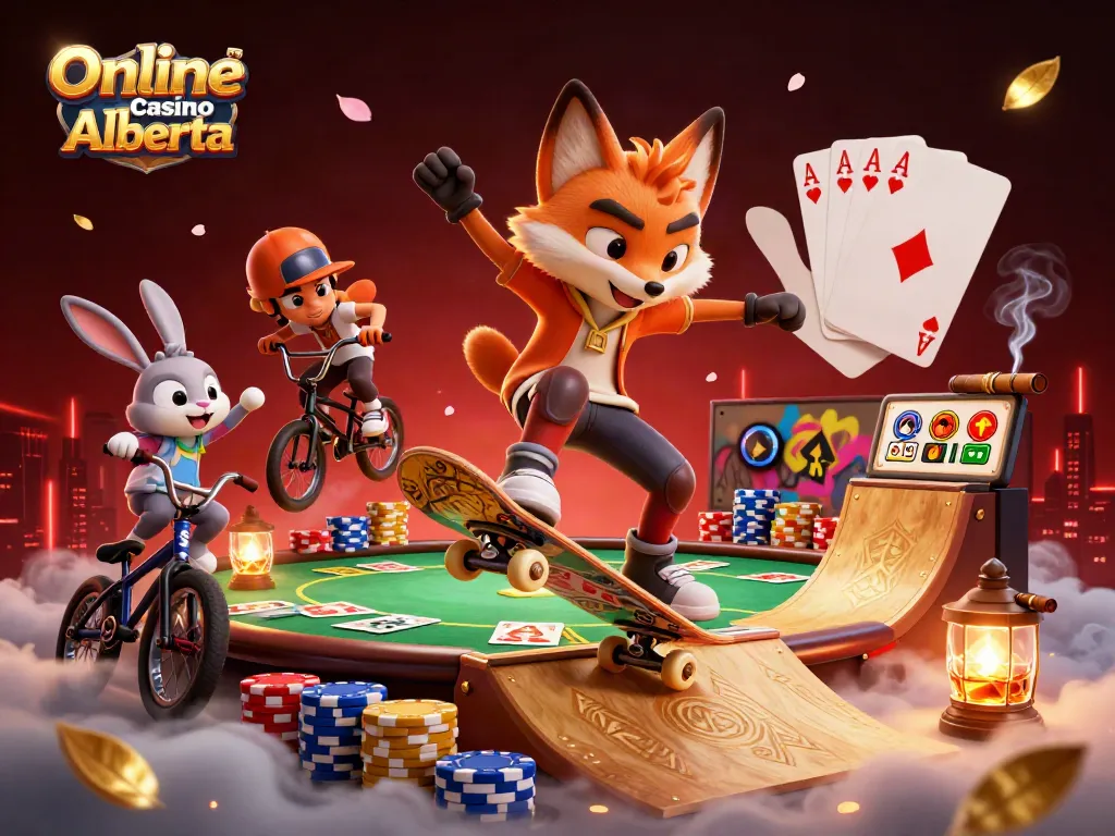 Experience excitement at Online Casino Alberta with a lively scene featuring a skateboarder fox and BMX rabbit.