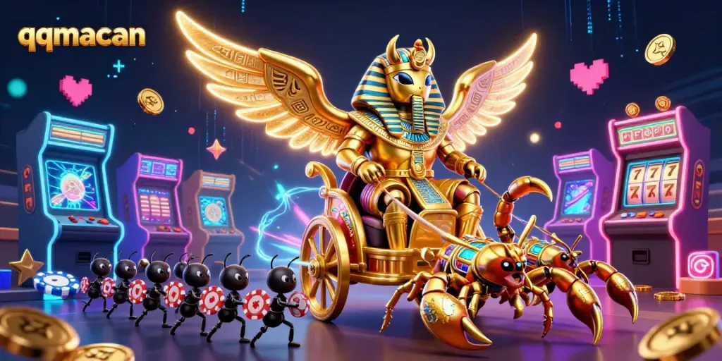 Engage with qqmacan's rich gaming experience featuring a golden scarab and vibrant casino elements.