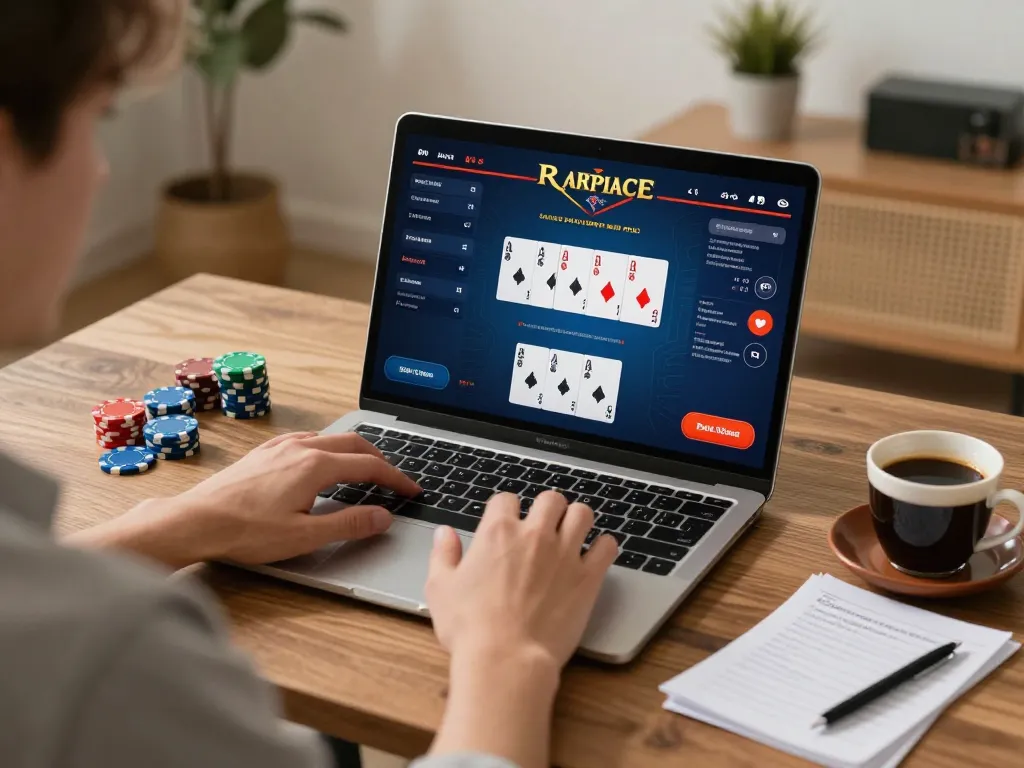 Engaging poker game on laptop, badak178 players strategizing in a cozy home setting