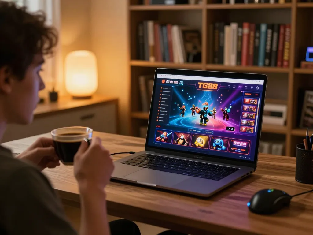 Engaging in online gambling at TG88 with a laptop showcasing vibrant casino graphics.