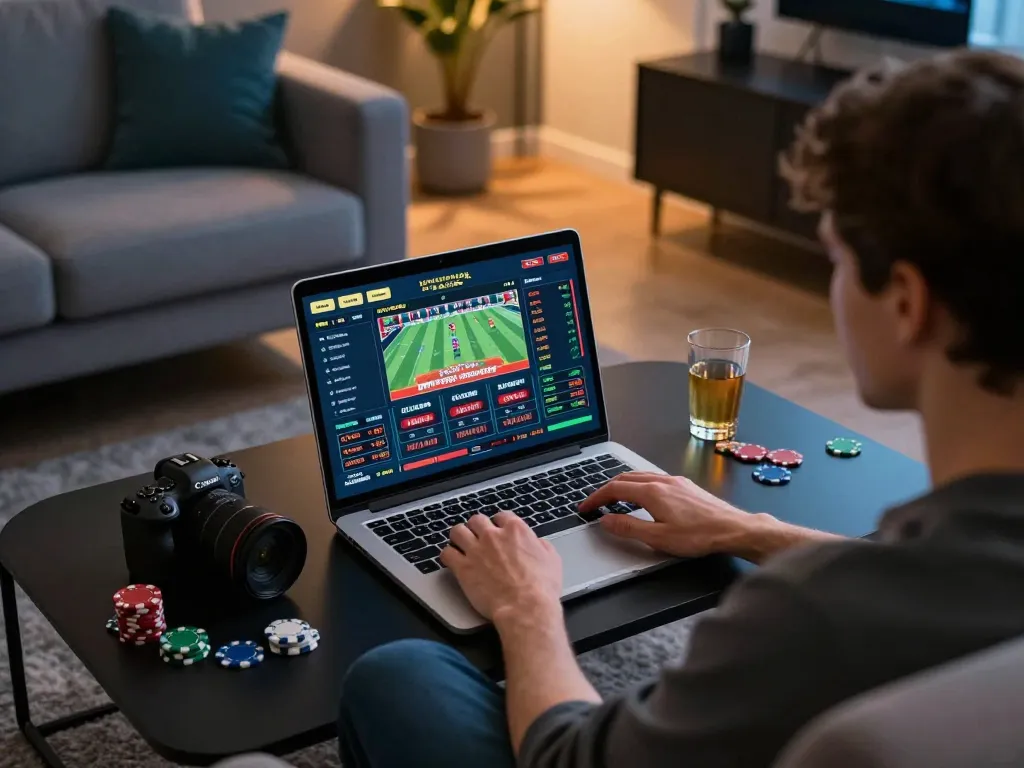 Engaged player using open88.com for online gambling on a laptop in a cozy living room