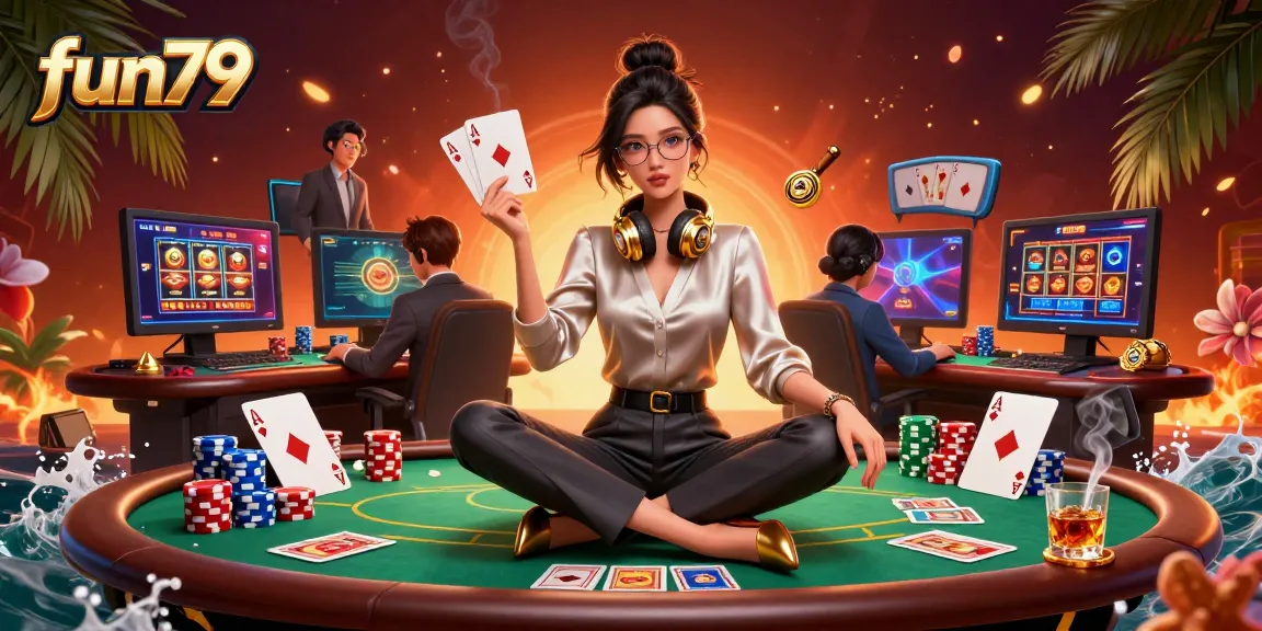 Engage in thrilling games at fun79 with poker chips, cards, and casino setups.