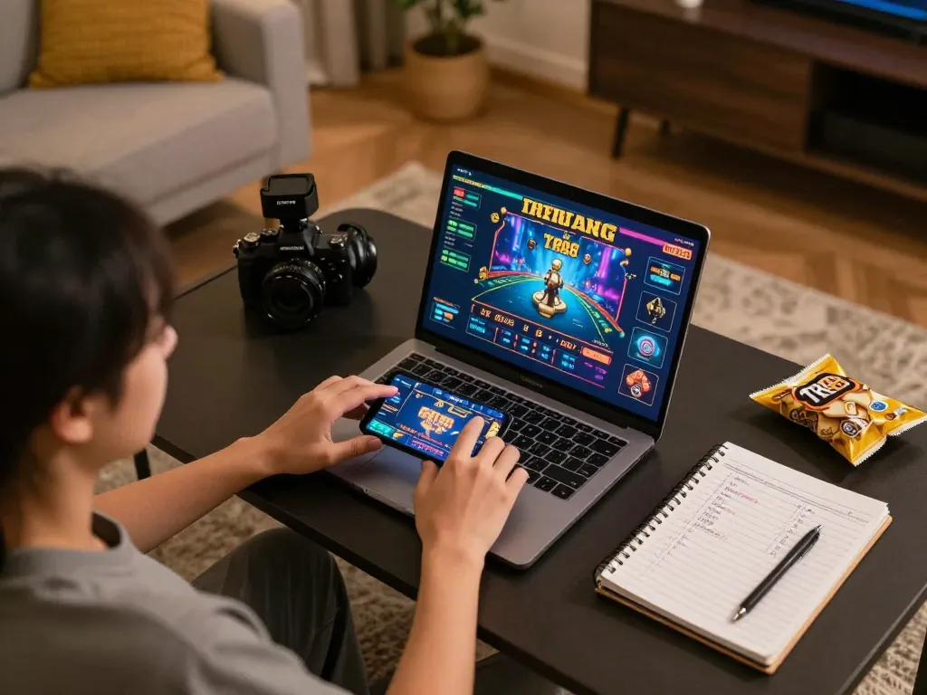 Player engaging in online casino games on TR88 platform, showcasing strategic gameplay with a laptop and notebook
