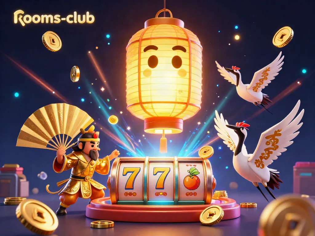 Rasakan keseruan slots online di rooms-club dengan lampion emas dan simbol keberuntungan di kasino.