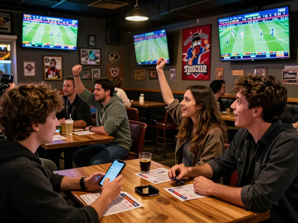 Fans placing bets and celebrating victories at the sports bar, capturing the excitement of 123bmvp gambling.