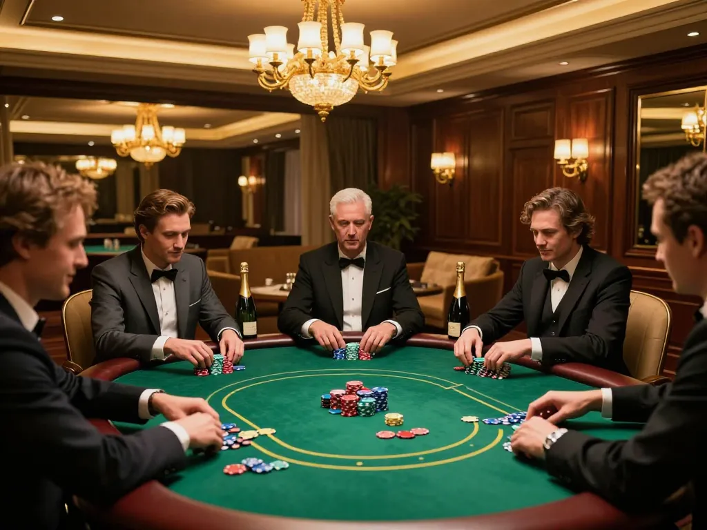 Da88 high-stakes poker players strategizing over chips and cards in a luxurious setting.