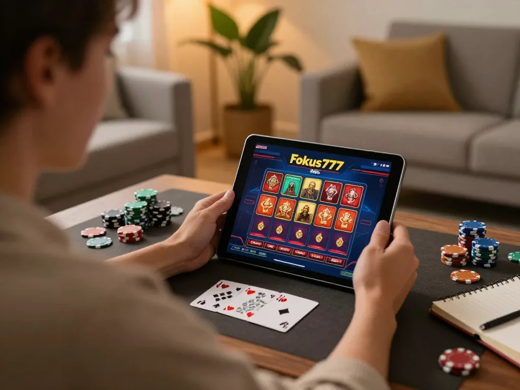 Engaging gameplay experience at Fokus777 online casino on tablet in cozy home setting.