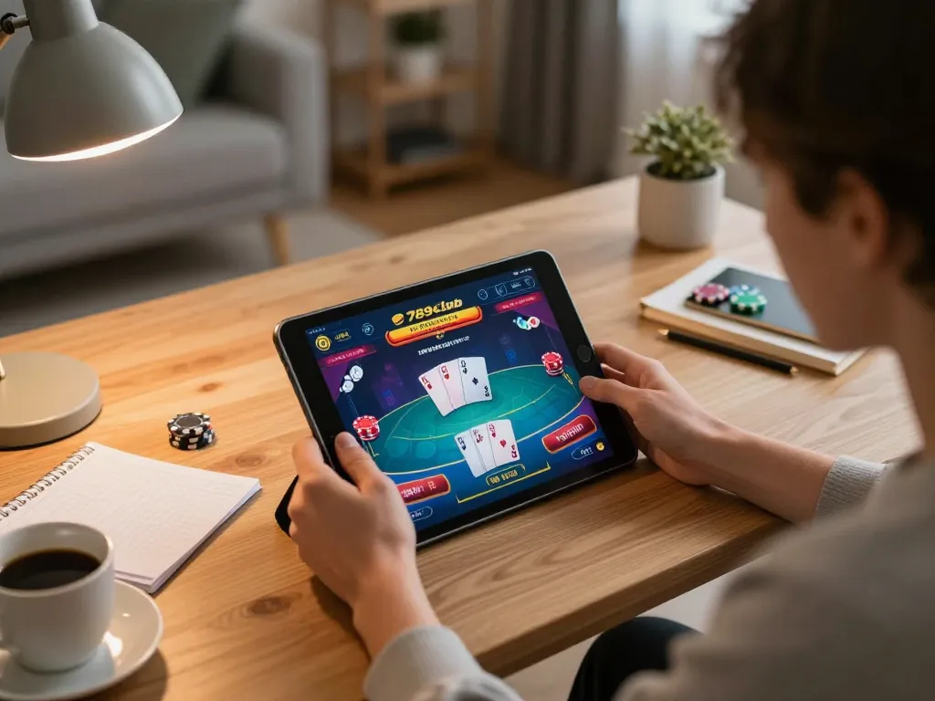 Engaged player enjoying poker at 789club on a tablet in a cozy home office